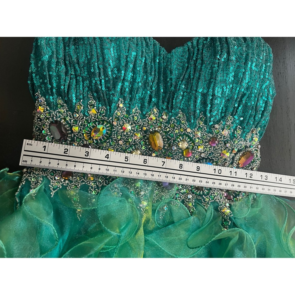 Emerald Green High Low Dress Sequin Crystal Embellished Ruffle Gown Strapless SM - Picture 17 of 17